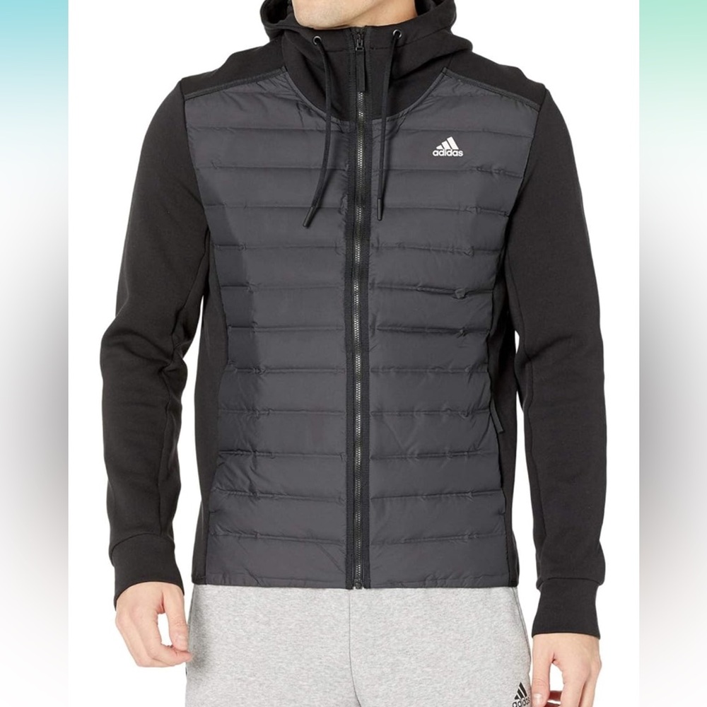 Black adidas size large men’s Varilite Hybrid Jacket with hood and down